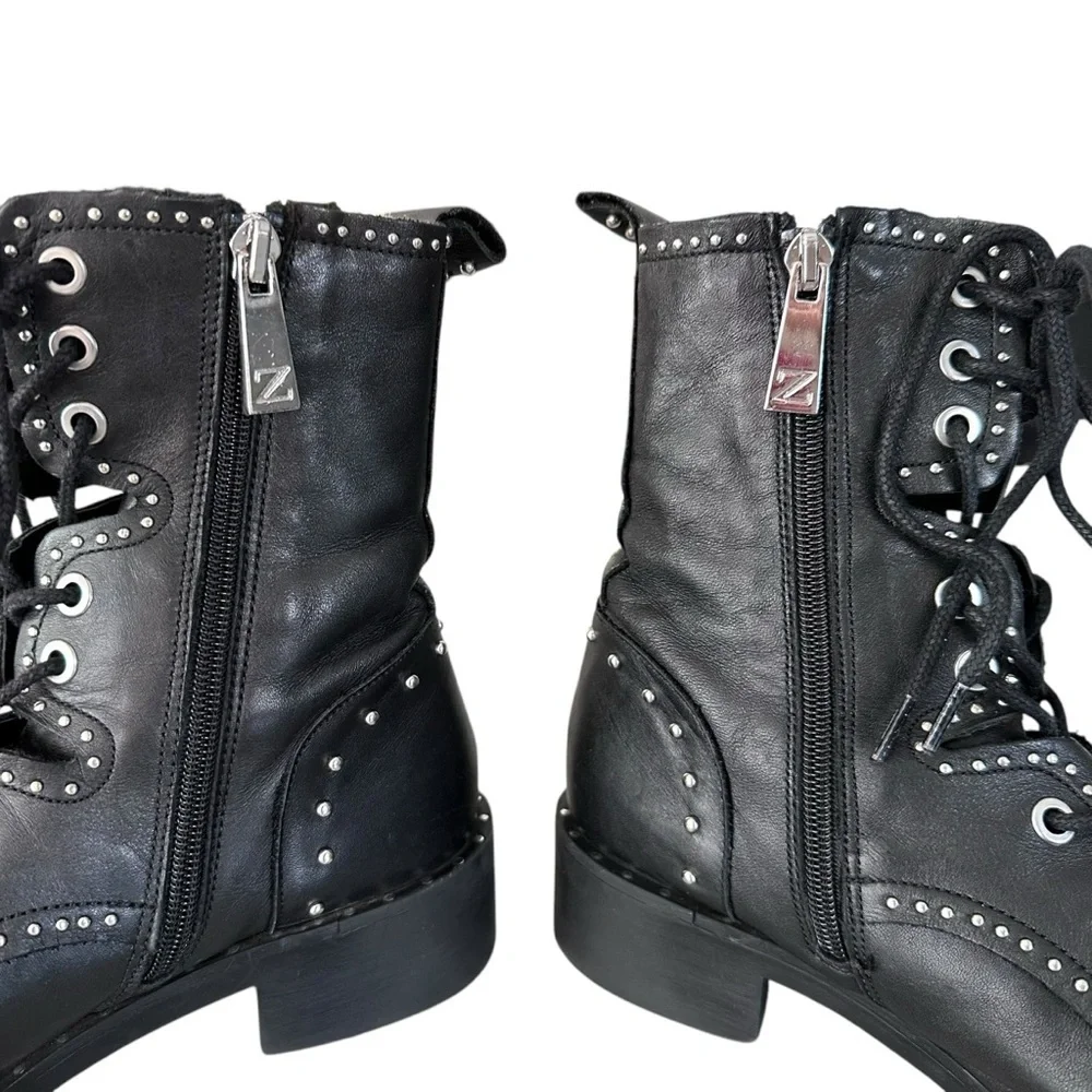 Zara Black Leather Lace Up Biker Chelsea Studded Punk Goth Ankle Boots Size 37 - Picture 11 of 15